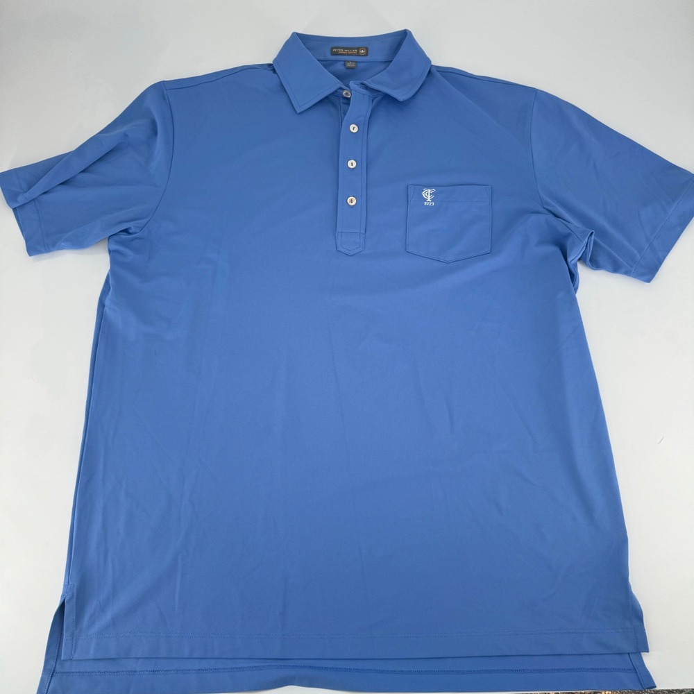 Peter Millar Summer Comfort Mens Large Blue Polo Shirt TC 1923 Logo Pocket Short